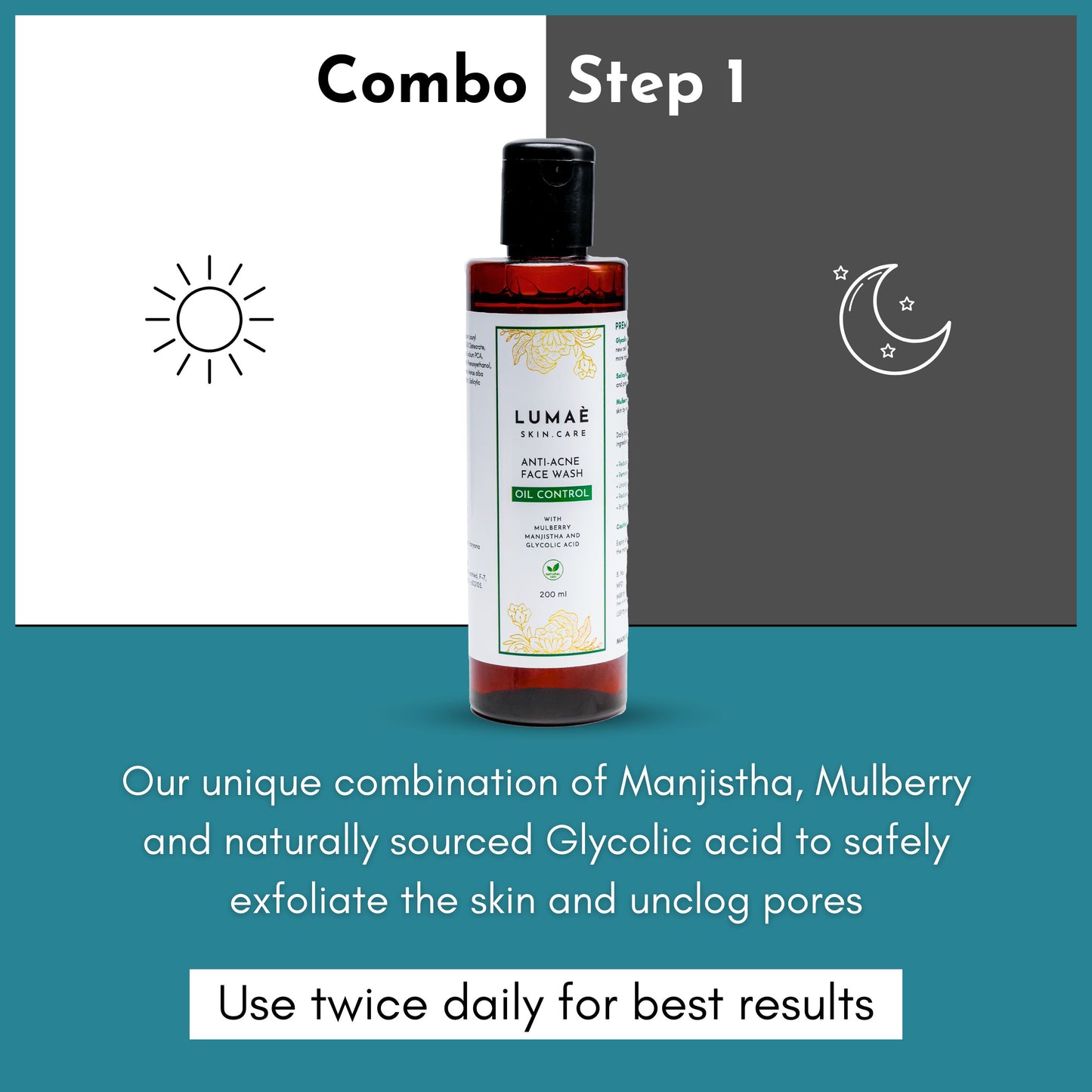 Combo step 1: Face wash
Our unique combination of manjistha, mulberry and naturally sourced glycolic acid to safely exfoliate the skin and unclog pores
Use twice daily for best results