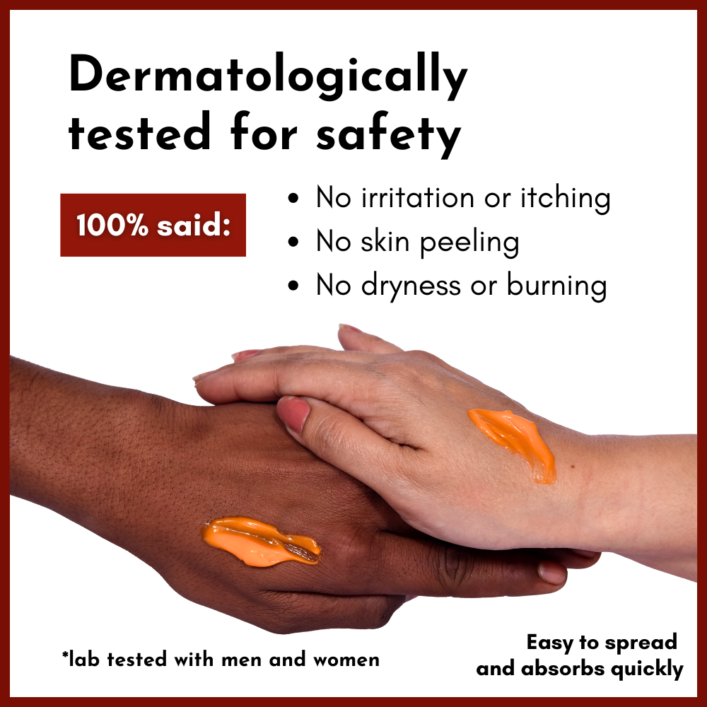 Dermatologically tested for safety

100% said:
No irritation or itching
No skin peeling
No dryness or burning

Easy to spread and absorbs quickly
