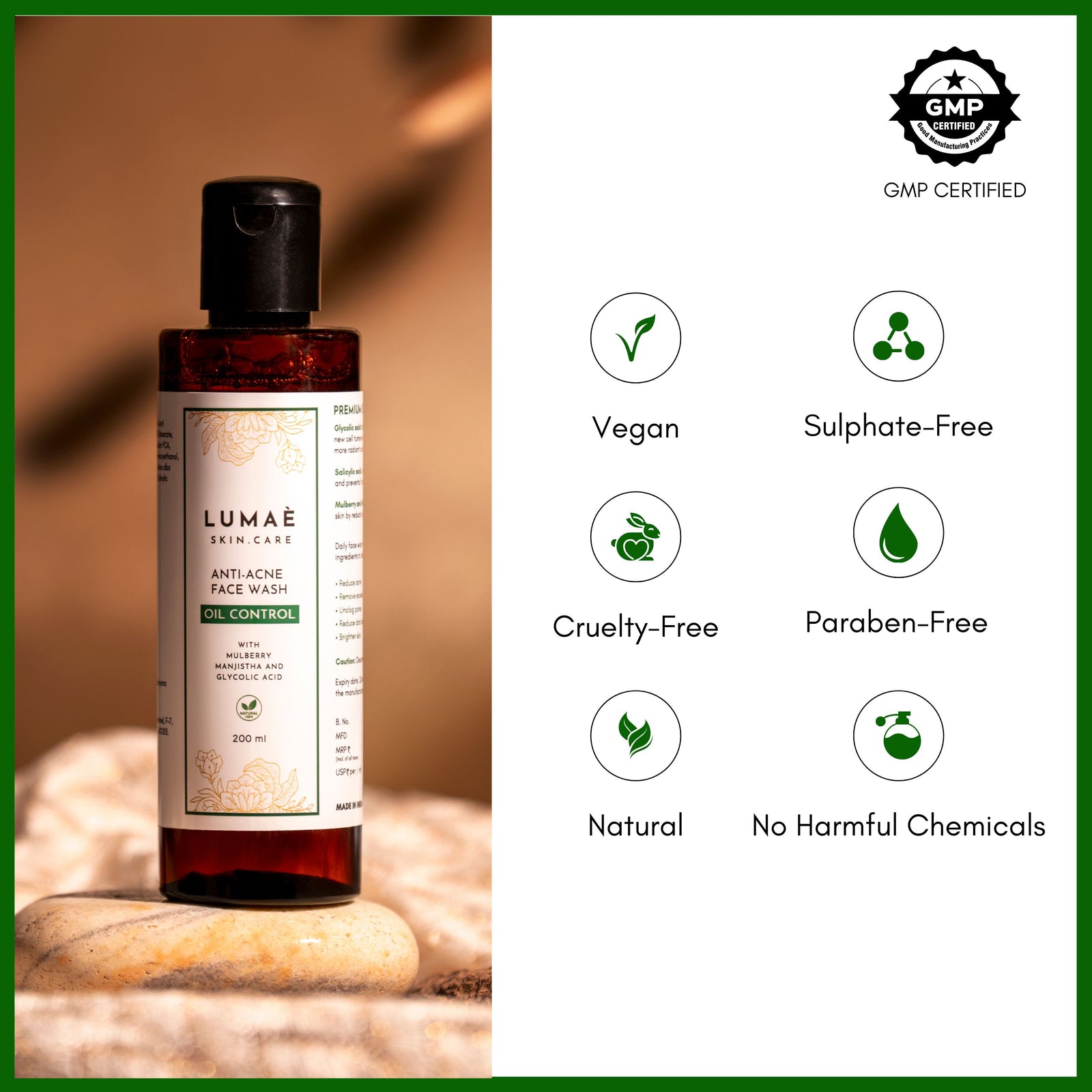 Vegan, sulphate free, cruelty free, paraben free, natural, no harmful chemicals